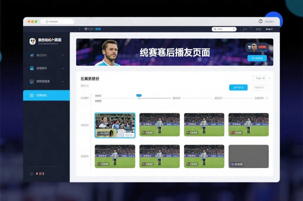 比赛结束后，电视屏幕展示集锦回放页面，旁边有时间轴和多角度切换提示